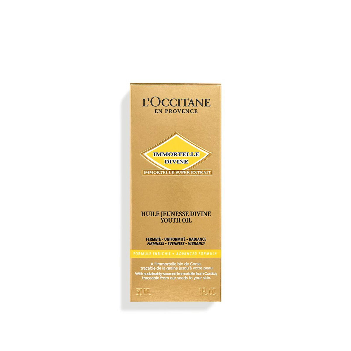 L'Occitane en Provence, Immortelle Divine, 100 % dabisks, nostiprinošs un mirdzumu piešķirošs sejas eļļa, 30 ml