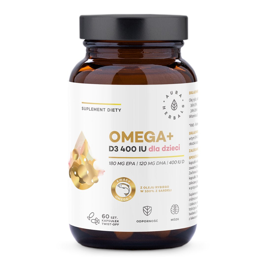 Aura Herbals Omega+ D3 vitamīns 400 SV bērniem, 60 atskrūvējamas kapsulas