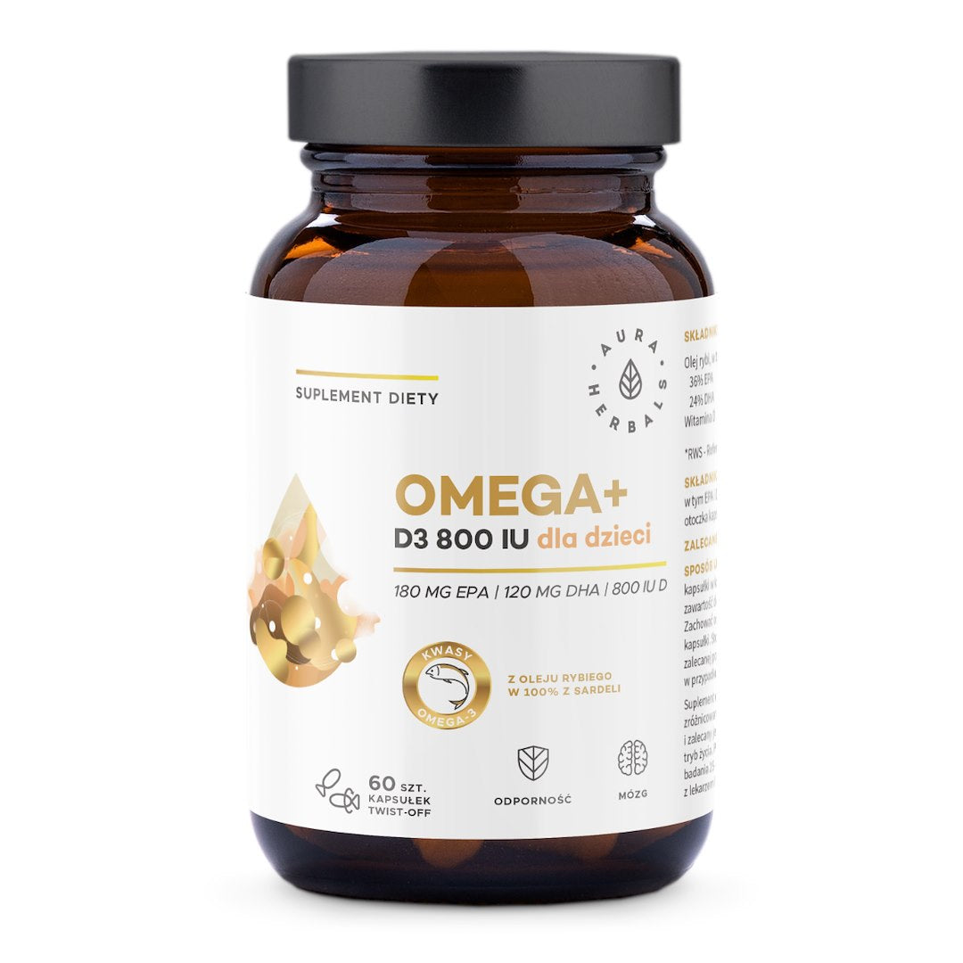 Aura Herbals Omega+ D3 vitamīns 800 SV bērniem, 60 atskrūvējamās kapsulas