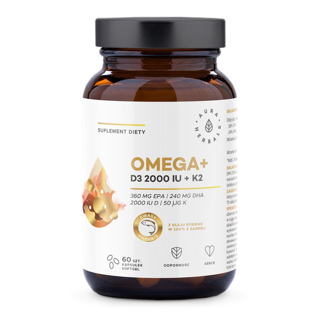 Aura Herbals Omega+ D3 vitamīns 2000 SV + K2 MK-7 - 60 kapsulas