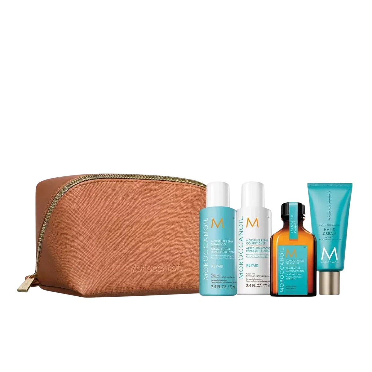 Moroccanoil komplekts: atjaunojošs mitrinošs šampūns matiem bez parabēniem, 70 ml + atjaunojošs mitrinošs kondicionieris matiem bez parabēniem, 70 ml + mitrinoša matu eļļas procedūra, 25 ml