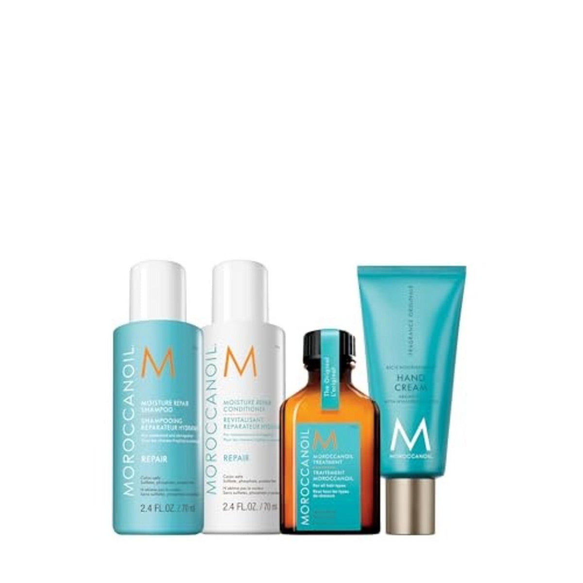 Moroccanoil komplekts: atjaunojošs mitrinošs šampūns matiem bez parabēniem, 70 ml + atjaunojošs mitrinošs kondicionieris matiem bez parabēniem, 70 ml + mitrinoša matu eļļas procedūra, 25 ml