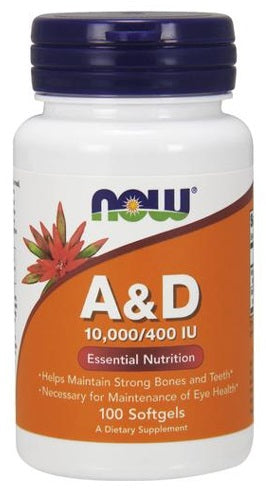 NOW Foods vitamīni A un D, 10000/400 SV – 100 kapsulas