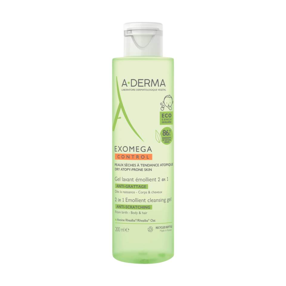 A-Derma, Exomega Control, pret kairinājumu un nomierinošs attīrošs gels matiem un ķermenim, 200 ml