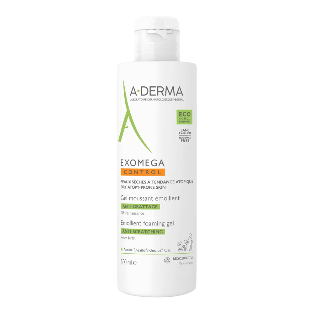 A-Derma Exomega Control Emollient Foaming Gel maigs mazgāšanas līdzeklis sejai un ķermenim, 500 ml
