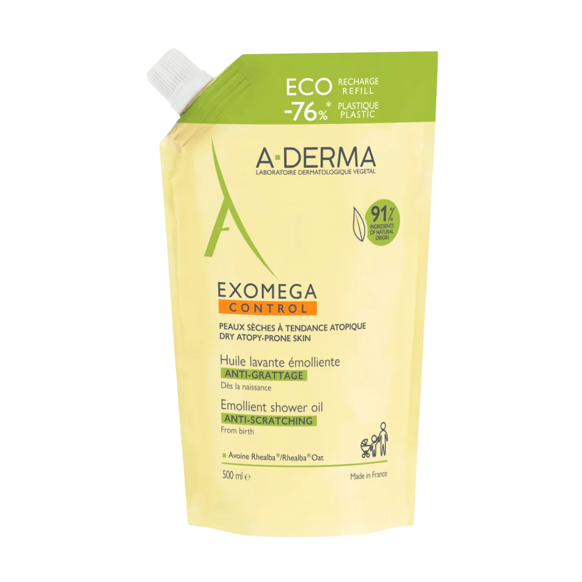 A-Derma, Exomega Control, minkštinamasis dušo aliejus, labai sausai ir atopiškai jautriai odai, 500 ml papildymas