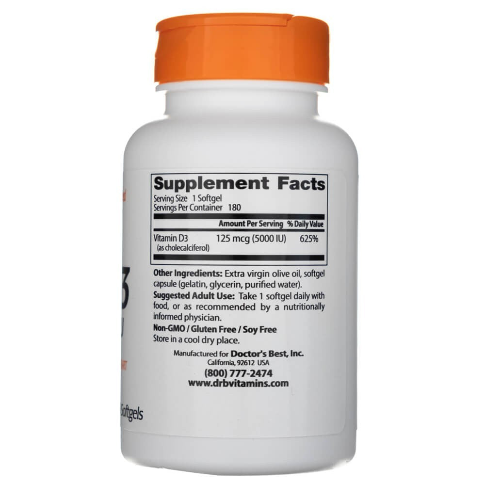 Doctor's Best D3 vitamīns 5000 IU – 180 kapsulas