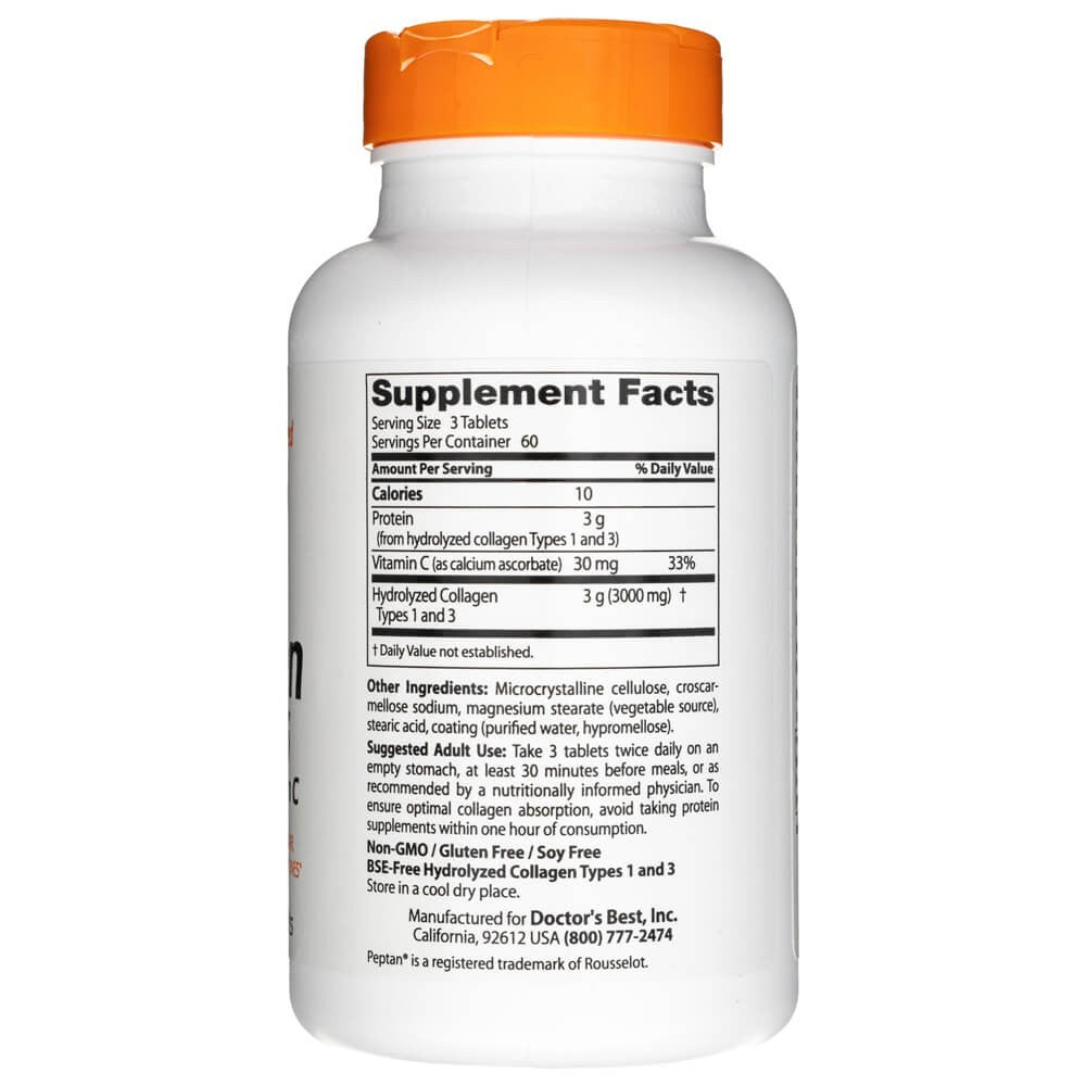 Doctor's Best 1. un 3. tipa kolagēns ar Peptan un C vitamīnu 1000 mg – 180 tabletes