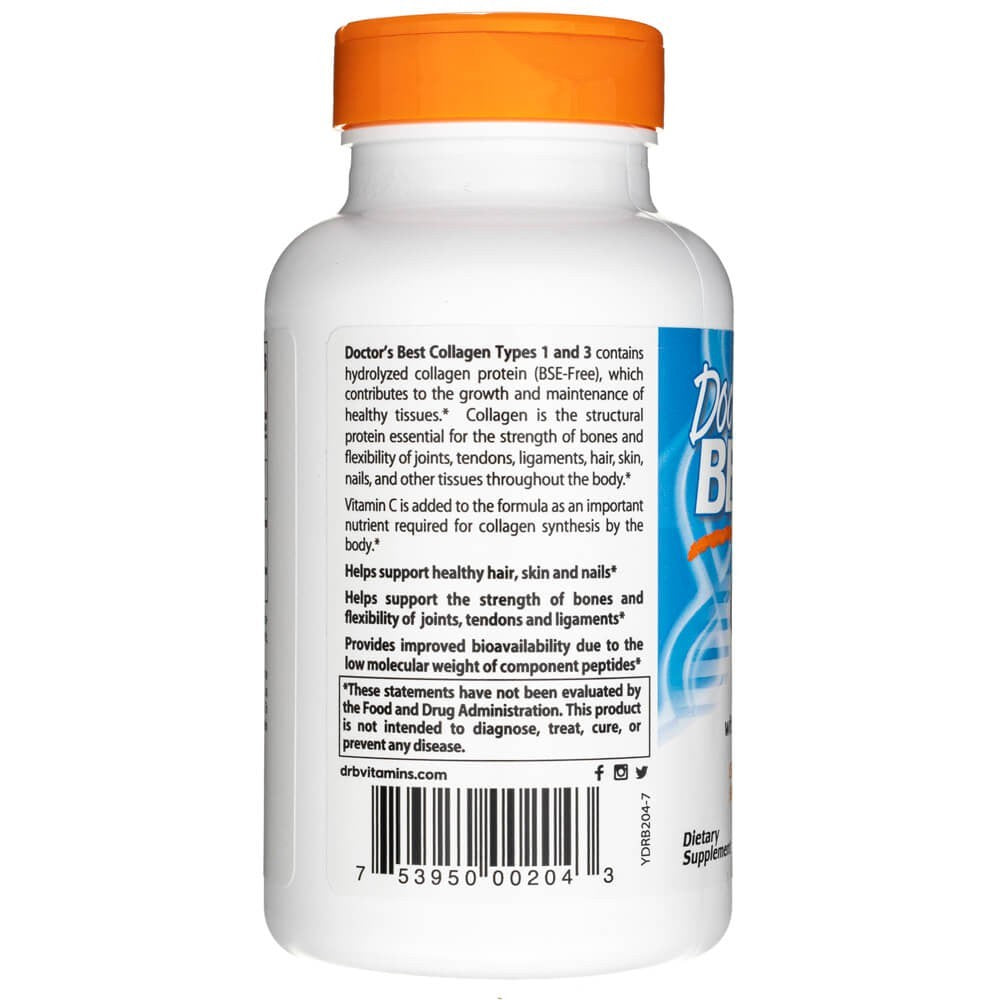 Doctor's Best 1. un 3. tipa kolagēns ar Peptan un C vitamīnu 1000 mg – 180 tabletes