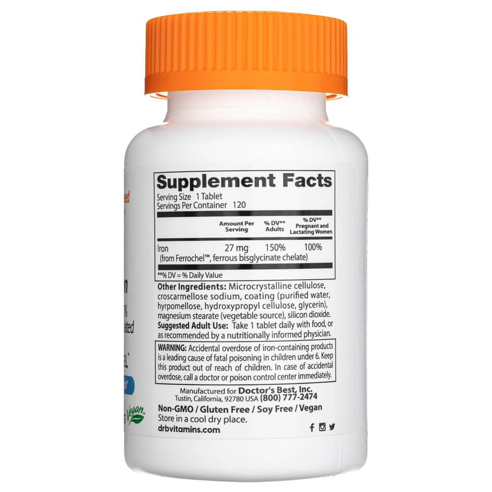 Doctor's Best augstas absorbcijas dzelzs ar Ferrochel 27 mg – 120 tabletes