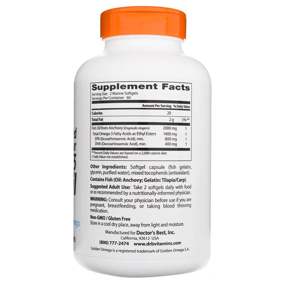 Doctor's Best attīrīta un dzidra Omega 3 zivju eļļa ar Goldenomega 1000 mg – 120 kapsulas