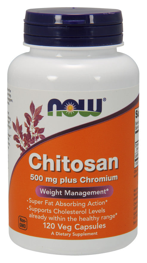 NOW Foods hitozāns, 500 mg plus hroms – 120 kapsulas