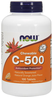 NOW Foods košļājamais C vitamīns — 500 mg, apelsīnu garša — 100 tabletes