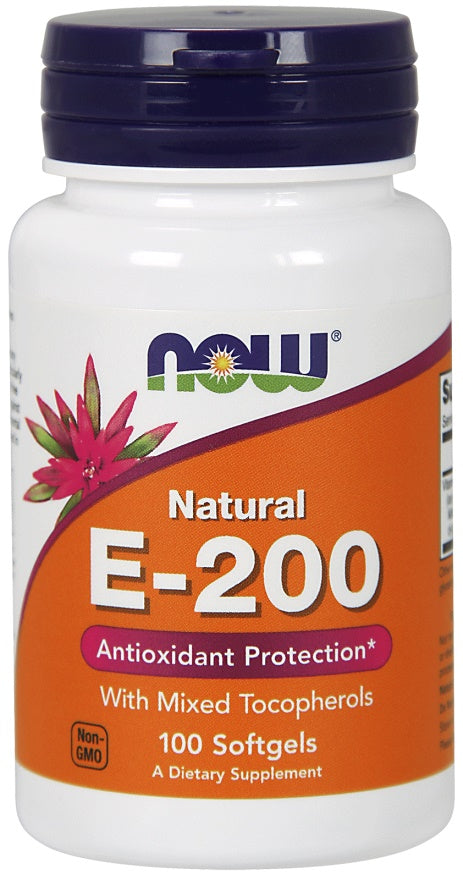 NOW Foods E vitamīns – 200 – dabisks (jaukti tokoferoli) – 100 kapsulas