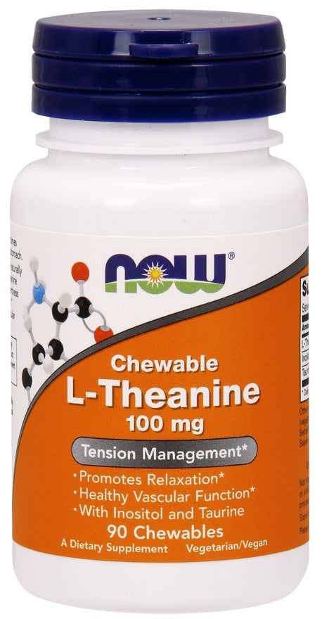 Produkto nuotrauka: NOW Foods L-Theanine with Inositol and Taurine, 100mg - 90 kramtomųjų tablečių