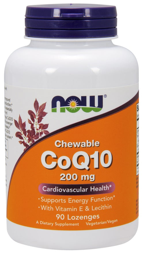 NOW Foods CoQ10 ar lecitīnu un E vitamīnu, 200 mg ( košļājamās) – 90 pastilas