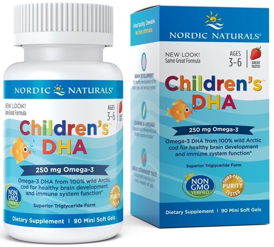 Nordic Naturals DHA bērniem, 250 mg Omega-3 ar zemeņu garšu – 90 minikapsulas