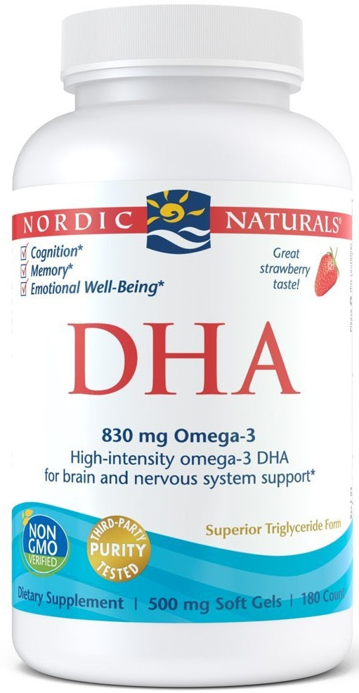 Nordic Naturals DHA, 830 mg zemeņu garša – 180 kapsulas