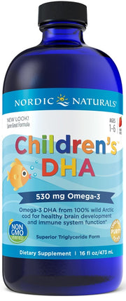 Nordic Naturals DHA vaikams, 530 mg Omega-3, braškių skonio – 473 ml.