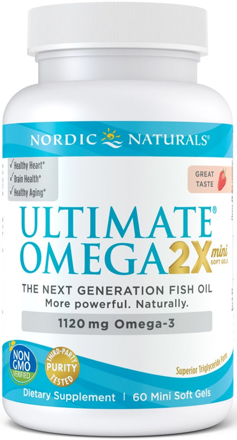 Nordic Naturals Ultimate Omega 2X Mini, 1120 mg ar zemeņu garšu – 60 mini kapsulas