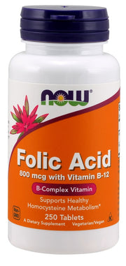 NOW Foods folijskābe ar B12 vitamīnu, 800 mcg - 250 tabletes