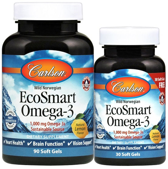 Carlson Labs Smart Omega-3, 1000 mg ar dabīgu citronu garšu – 90 + 30 kapsulas