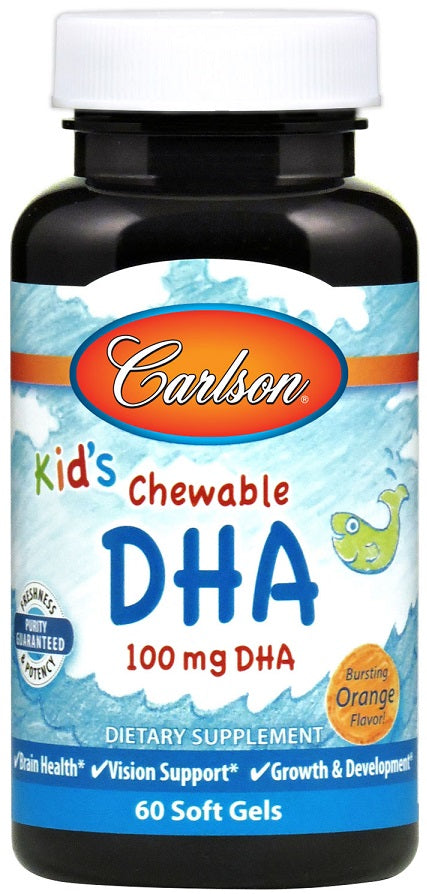 Carlson Labs bērnu košļājamās DHA kapsulas, 100 mg ar apelsīnu garšu – 60 kapsulas