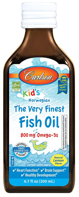 Carlson Labs Kid's augstākās kvalitātes zivju eļļa, 800 mg ar citronu garšu – 200 ml.