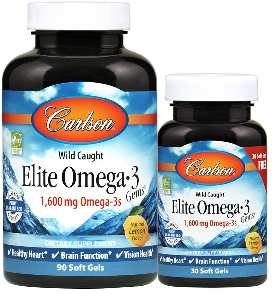 Carlson Labs Elite Omega-3 Gems, 1600 mg ar dabīgu citronu garšu – 90 + 30 kapsulas