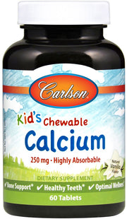 Carlson Labs košļājamais kalcijs bērniem, 250 mg, dabīgs vaniļas aromāts – 60 tabletes