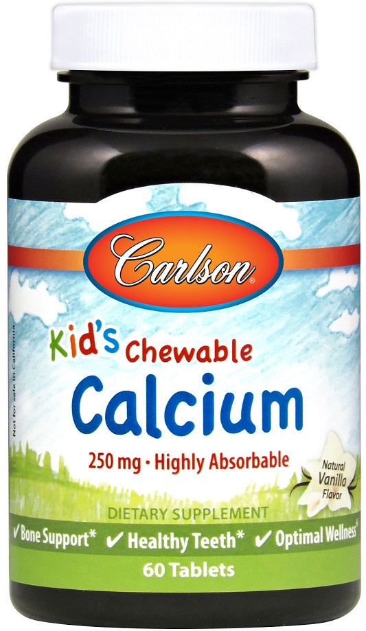 Carlson Labs košļājamais kalcijs bērniem, 250 mg, dabīgs vaniļas aromāts – 60 tabletes