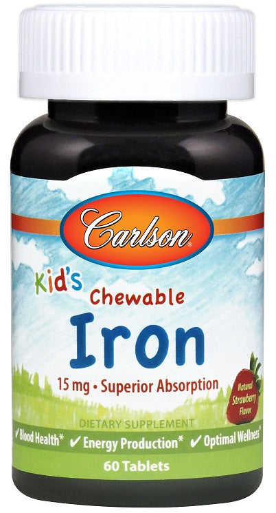 Carlson Labs Kid's košļājamās dzelzs tabletes, 15 mg ar zemeņu garšu – 60 tabletes