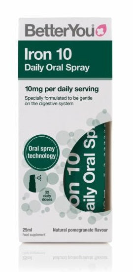 BetterYou dzelzs 10 mg dienas orālais izsmidzināmais līdzeklis ar granātābolu garšu — 25 ml.