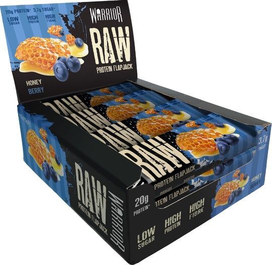 Warrior Raw Protein Flapjack proteīna batoniņš ar medus un ogu garšu – 12 batoniņi