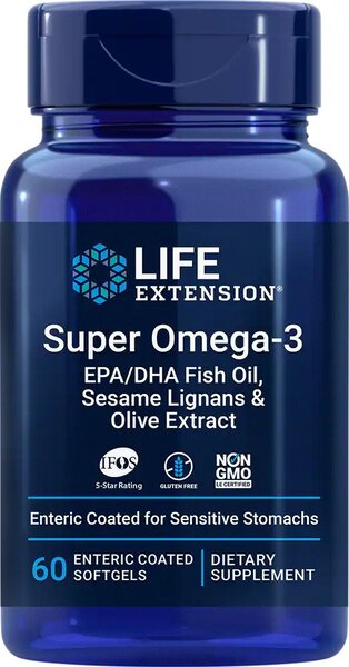 Life Extension Super Omega - 3 EPS/DHS ar sezama lignāniem un olīveļļas ekstraktu – 60 zarnās šķīstošās kapsulas