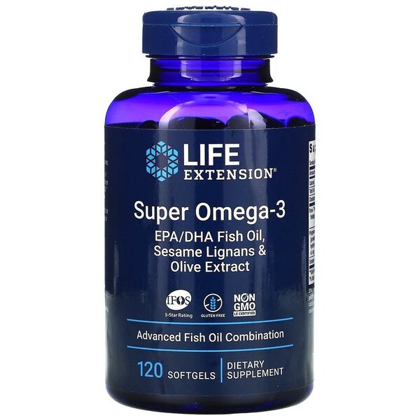 Life Extension Super Omega - 3 EPA/DHA zivju eļļa, sezama lignāni un olīvu ekstrakts – 120 kapsulas