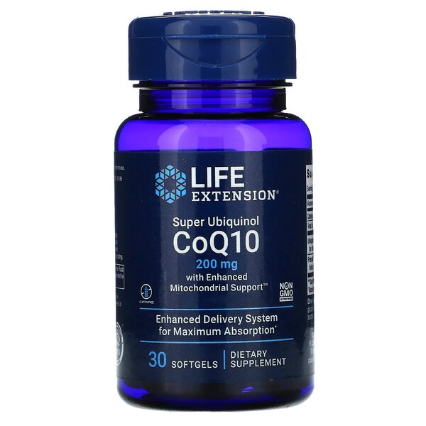 Life Extension Super Ubiquinol CoQ10 ar uzlabotu mitohondriju atbalstu, 200 mg - 30 kapsulas