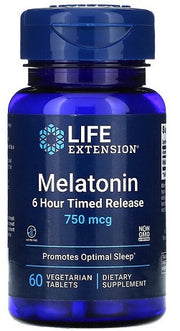 Life Extension melatonīns ar 6 stundu iedarbību, 750 mkg – 60 veģetārās tabletes