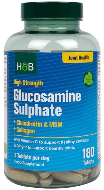 Holland & Barrett glikozamīna sulfāts + hondroitīns un MSM + kolagēns ar augstu iedarbību – 180 tabletes