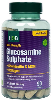 Holland & Barrett maksimālā stipruma glikozamīna sulfāts + hondroitīns un MSM + kolagēns – 90 tabletes
