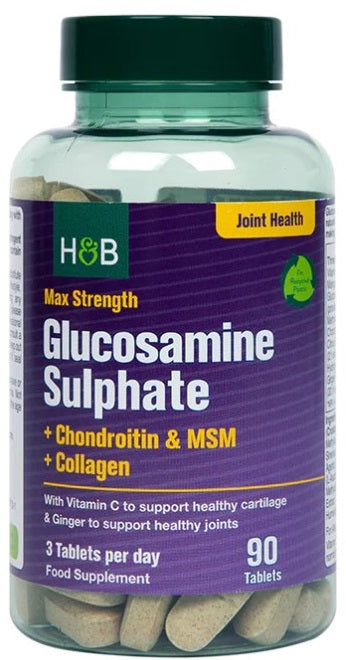 Holland & Barrett maksimālā stipruma glikozamīna sulfāts + hondroitīns un MSM + kolagēns – 90 tabletes
