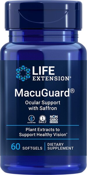 Life Extension MacuGuard acu atbalsts ar safrānu – 60 kapsulas