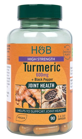 Holland & Barrett augstas potences kurkuma ar melnajiem pipariem, 600 mg – 90 kapsulas