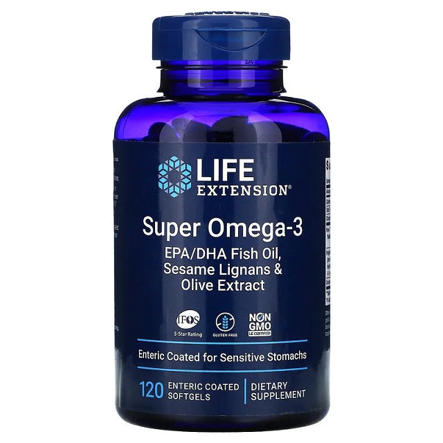 Life Extension Super Omega - 3 EPA/DHA ar sezama lignāniem un olīvu ekstraktu – 120 zarnās šķīstošas kapsulas
