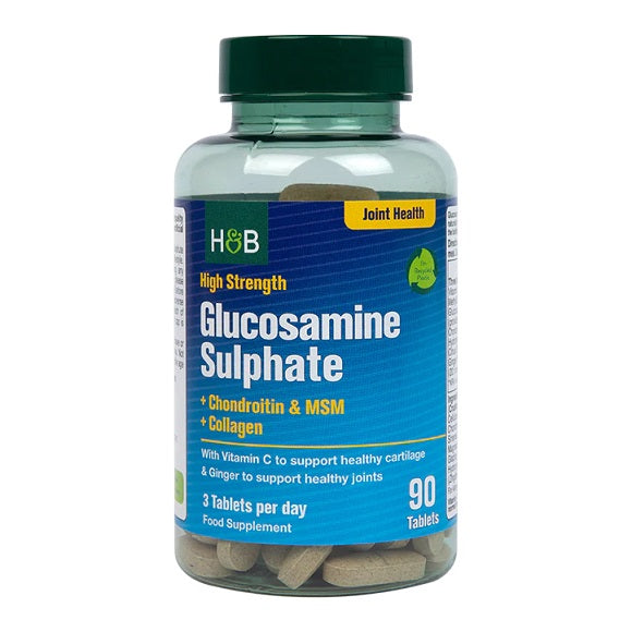 Holland & Barrett augstas stiprības glikozamīna sulfāts + hondroitīns un MSM + kolagēns – 90 tabletes