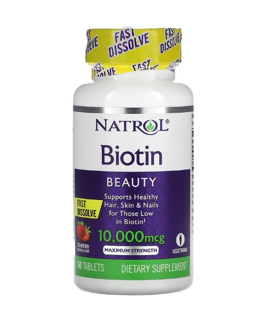 Natrol Biotin Fast Dissolve, 10000mcg (zemeņu) - 60 tabletes