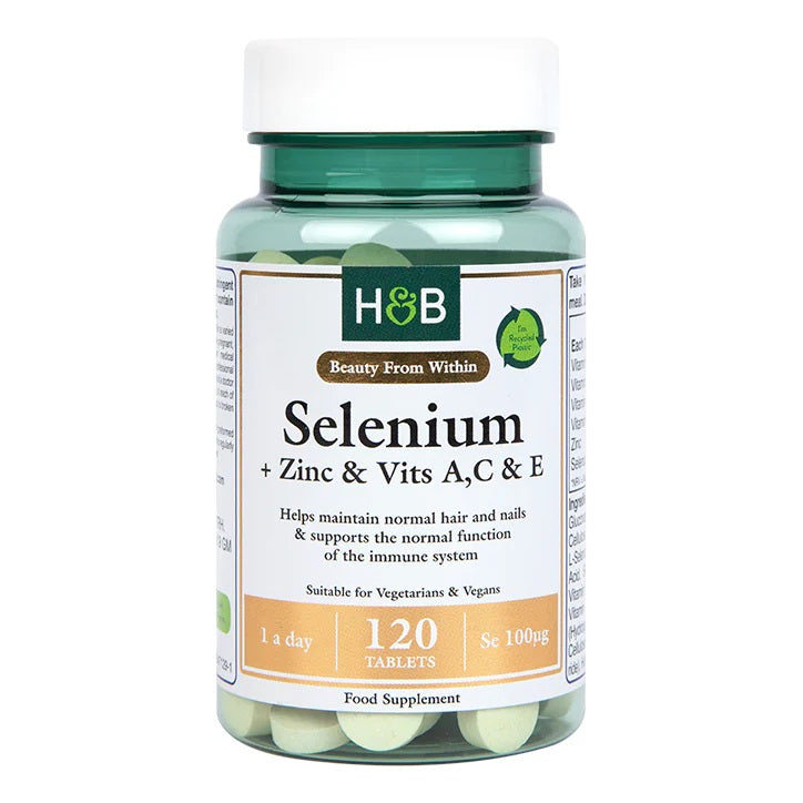 Holland & Barrett selēns + cinks un vitamīni A, C un E, 100 µg – 120 tabletes