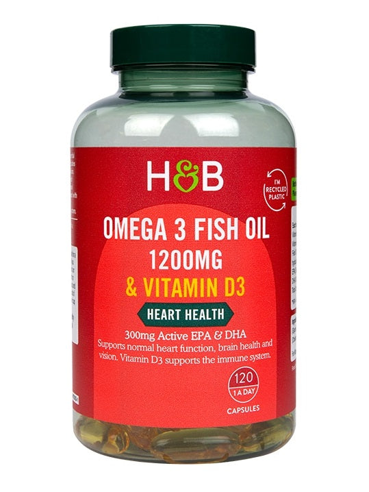 Holland & Barrett Omega 3 zivju eļļa 1200 mg un D3 vitamīns – 120 kapsulas