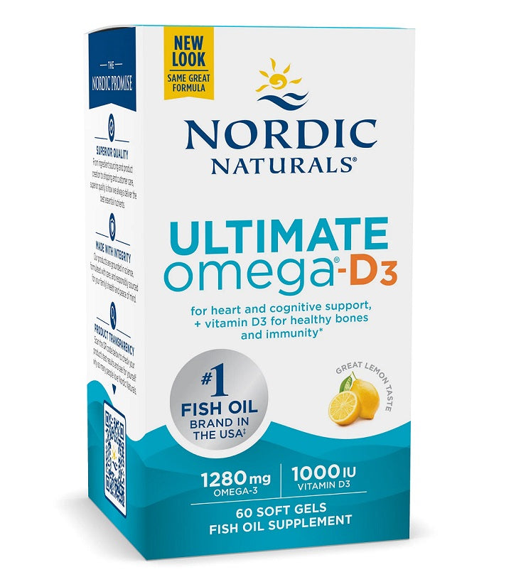Nordic Naturals Ultimate Omega - D3 zivju eļļa, 1280 mg ar citrona garšu – 60 kapsulas
