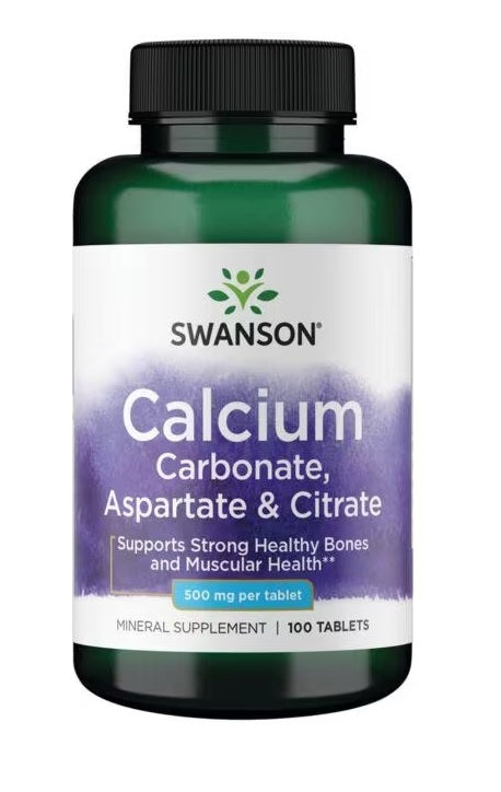 Swanson kalcija karbonāts, aspartāts un citrāts, 500 mg – 100 tabletes
